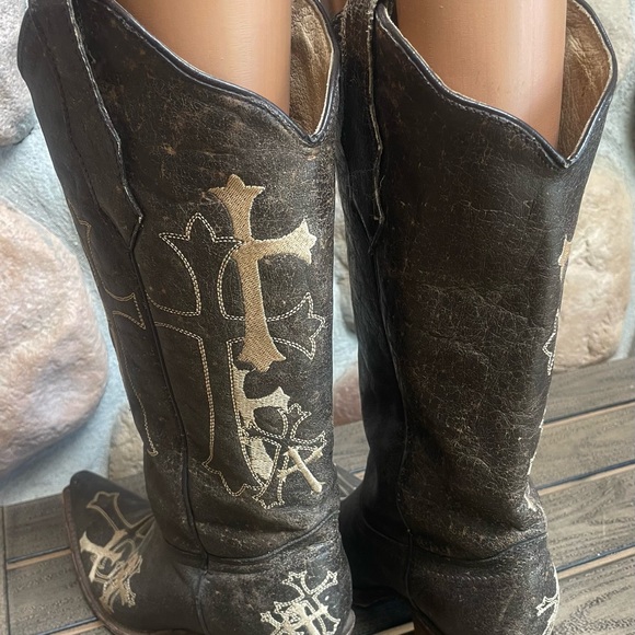 CIRCLE G Brown Leather CROSS Snip Toe COWGIRL Boots 8.5M - Picture 10 of 11